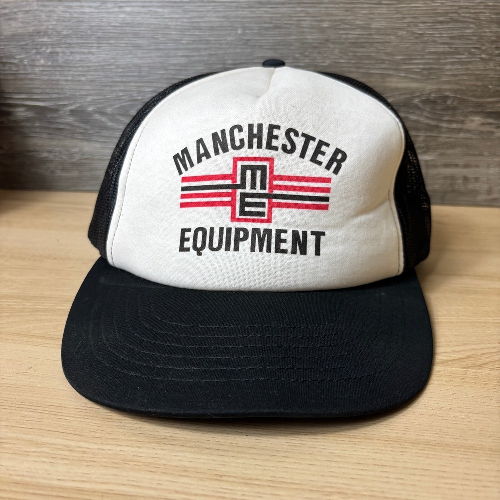 Vintage Manchester Equipment Hat Cap Strap Back Black White Trucker Adjustable